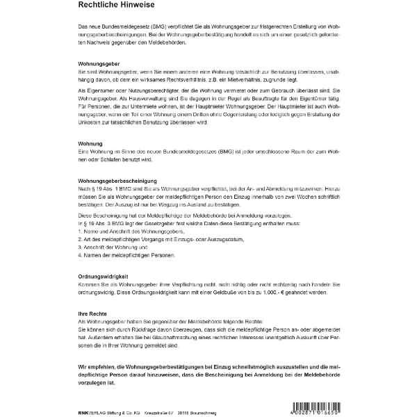 Wohnungsgeberbescheinigung nach § 19 Bundesmeldegesetz (BMG) A4