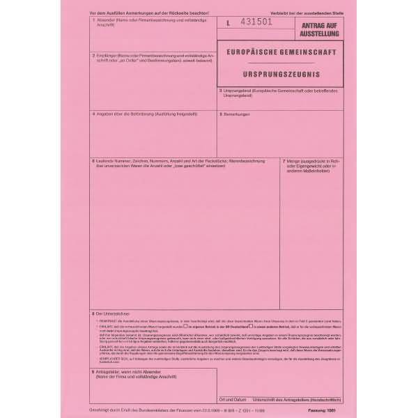 Ursprungszeugnis A4 2-fach für Laserdrucker