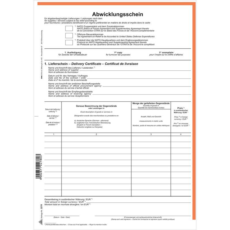 RNK Verlag NATO Abwicklungsschein, SD, DIN A4
