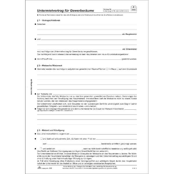 Untermietvertrag für Gewerberäume 4 Seiten gefalzt auf A4