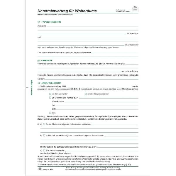 Untermietvertrag für Wohnräume 4 Seiten A4 + Wohnungsgeberbescheinigung