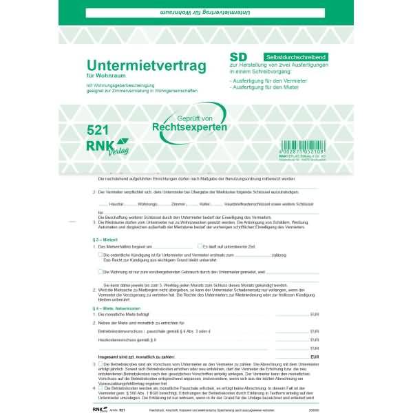 Untermietvertrag für Wohnräume SD 2x2 Blatt A4