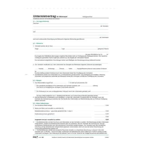 Untermietvertrag für Wohnräume SD 2x2 Blatt A4