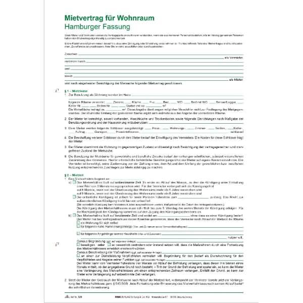 Mietvertrag für Wohnraum Hamburger Fassung 12 Seiten gefalzt auf A4