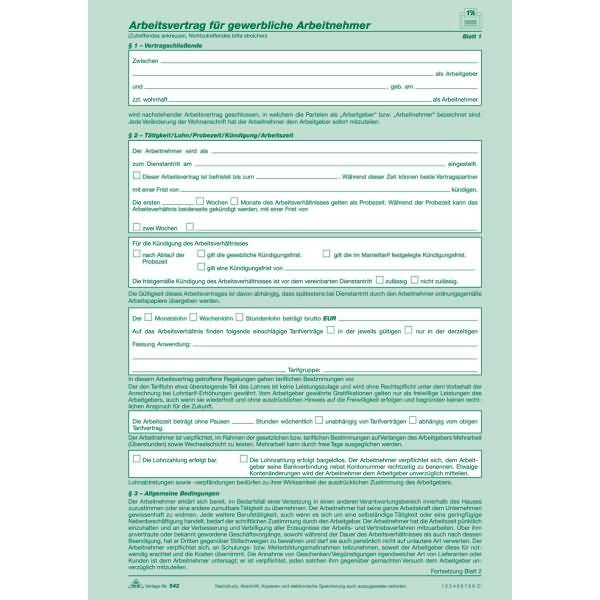 Vordruck Arbeitsvertrag A4 gewerblich