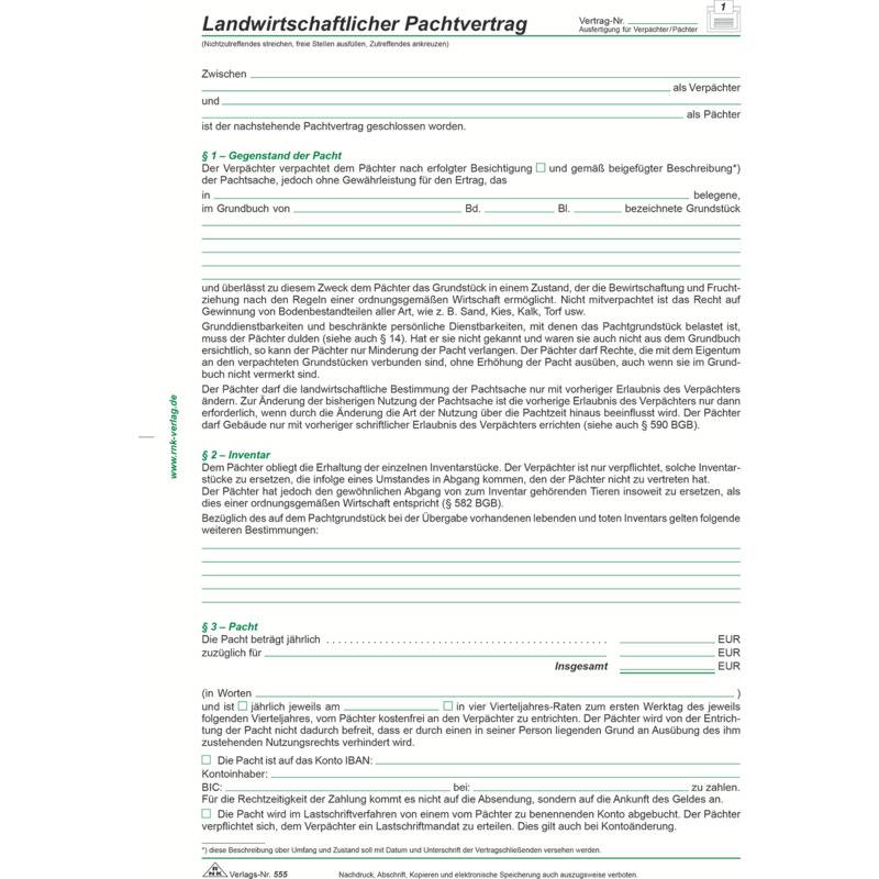 RNK Verlag Landwirtschaftlicher Pachtvertrag, 4-seitig