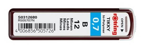 Ein rot-weißes Rotring Tikky 0,7 HB Druckbleistift-Minenpaket mit der Aufschrift „12 Minen, mittel, mines
