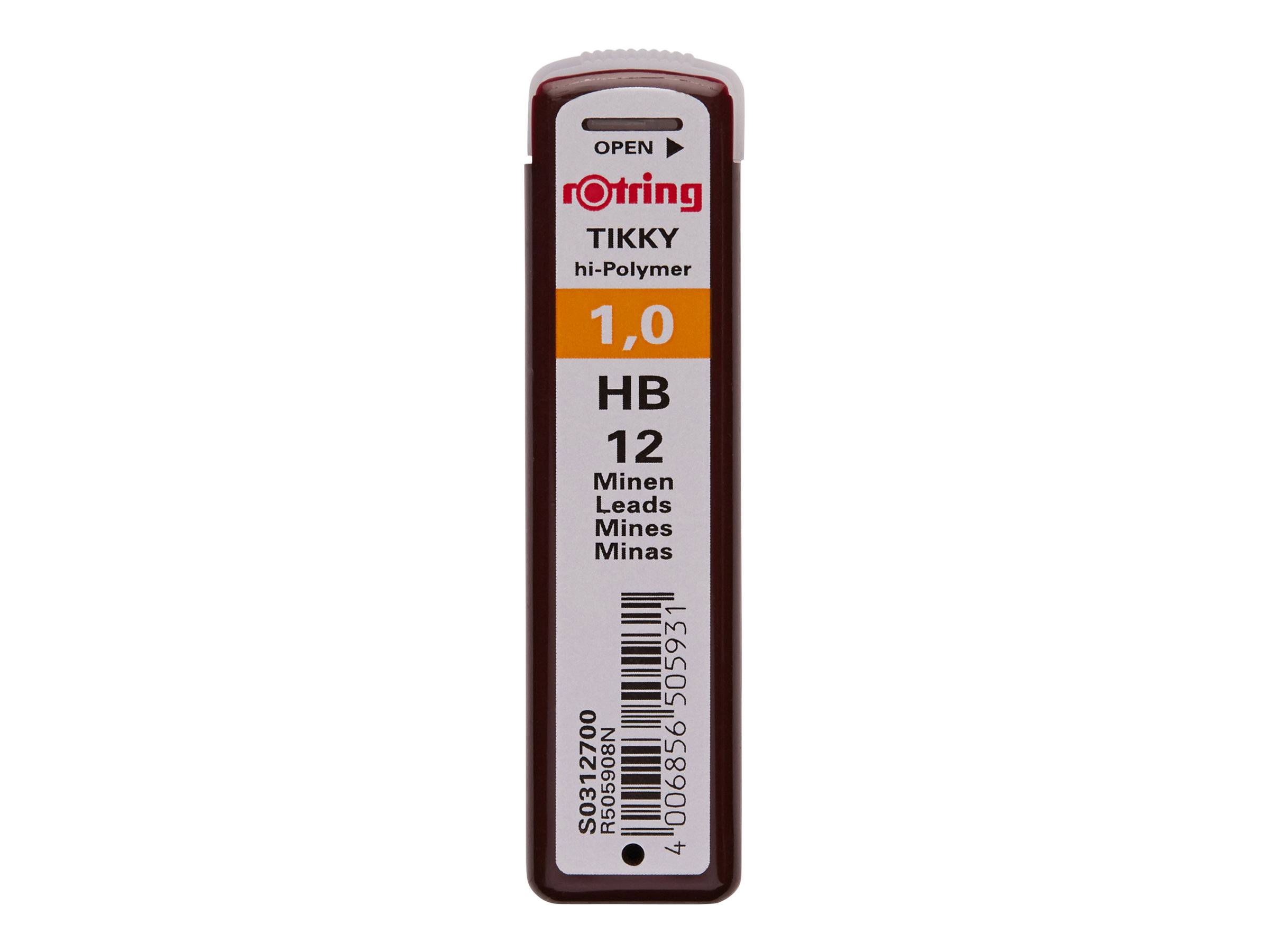 Ein Behälter für Bleistiftminen von Rotring Tikky hi-Polymer, beschriftet mit 1.0 HB, mit einem 'ÖFFNEN'-Pfeil auf der Vorderseite.