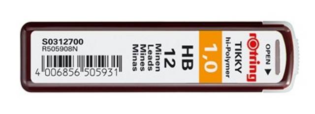 Ein rechteckiges Rotring Hi-Polymer 1,0 HB Bleistiftminengehäuse mit der Beschriftung 12 Minen und Barcode sowie Produktcode S0312700 auf der Vorderseite.