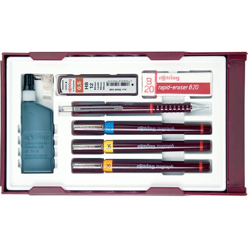 Rotring Zeichenstiftsatz in einem Kunststoffetui, mit Radierer, Bleistift und drei technischen Tuschefedern.