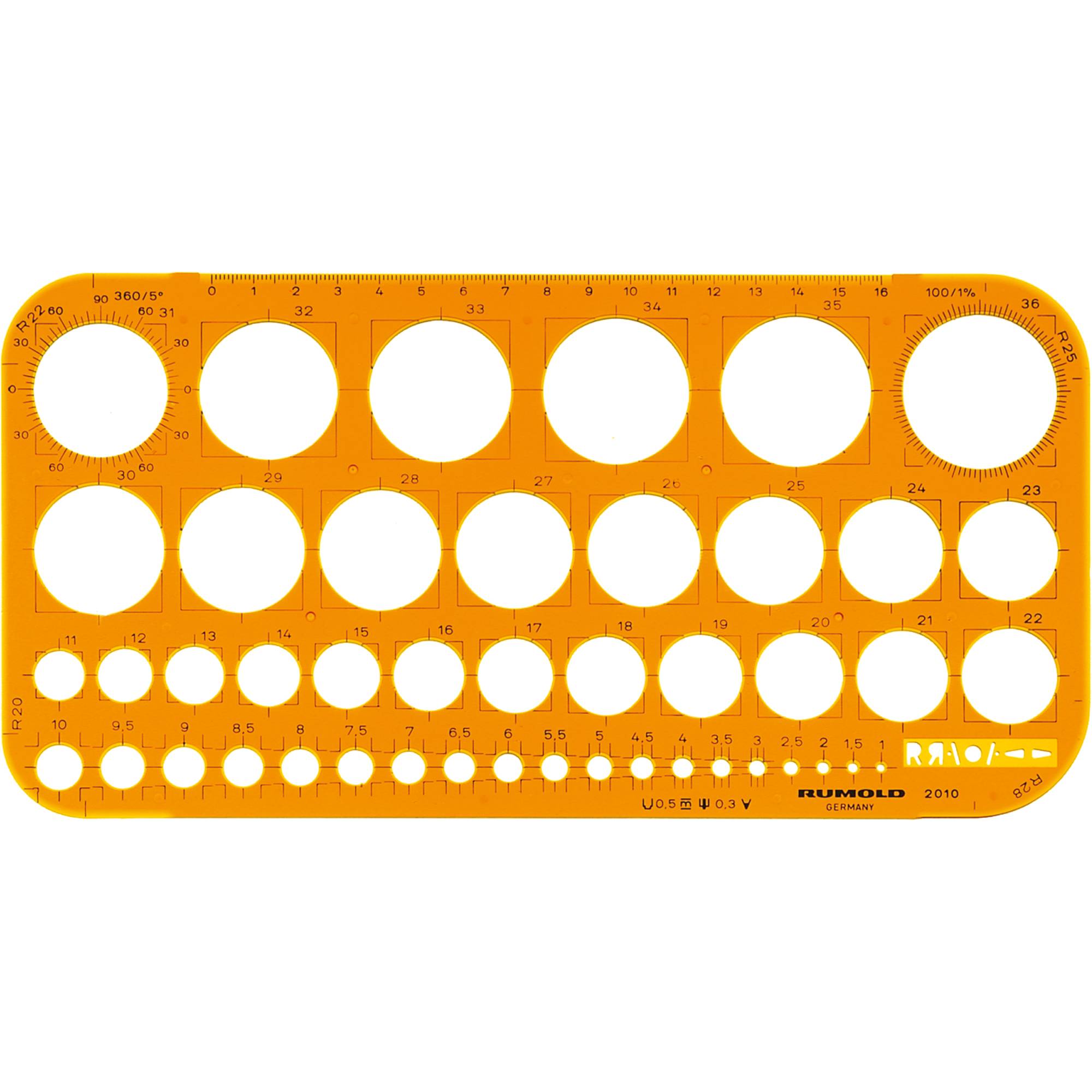 RUMOLD Kreisschablone 2010 1-36mm Tuschekante Kunststoff orange