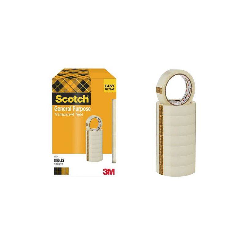 Scotch Universalklebeband transparent, Paket mit 8 Rollen und einer Rolle neben der Schachtel auf weißem Hintergrund.