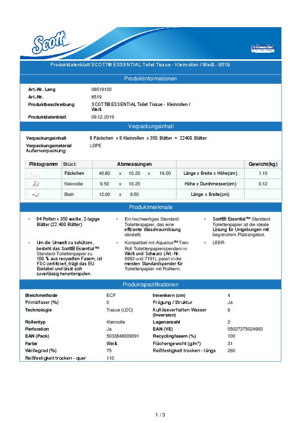 Toilettenpapier SCOTT® ESSENTIAL 8519 2-lagig,Kleinrollen 64 RL a 350 Blätter