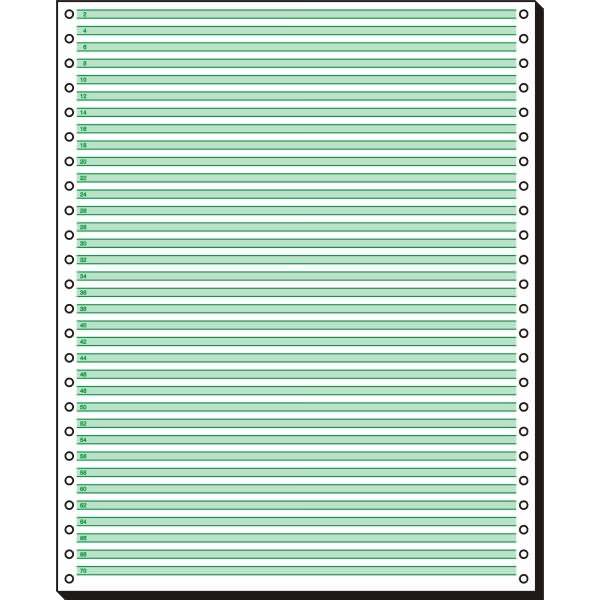 Blankes Formularblatt mit nummerierten horizontalen grünen Linien und Binderlöchern auf beiden Seiten, ähnlich einem Notizbuch oder Arbeitsblatt.