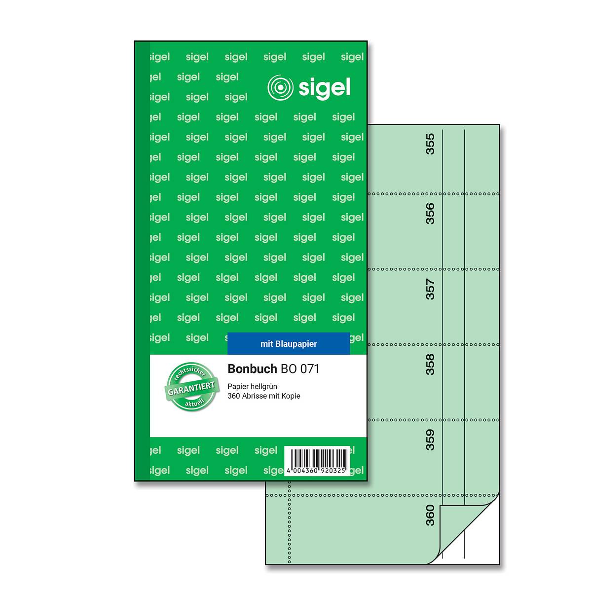 SIGEL Bonbuch, 360 Abrisse, hellgrün, 105x200 mm, mit Blaupapier, 2 x 60 Blatt