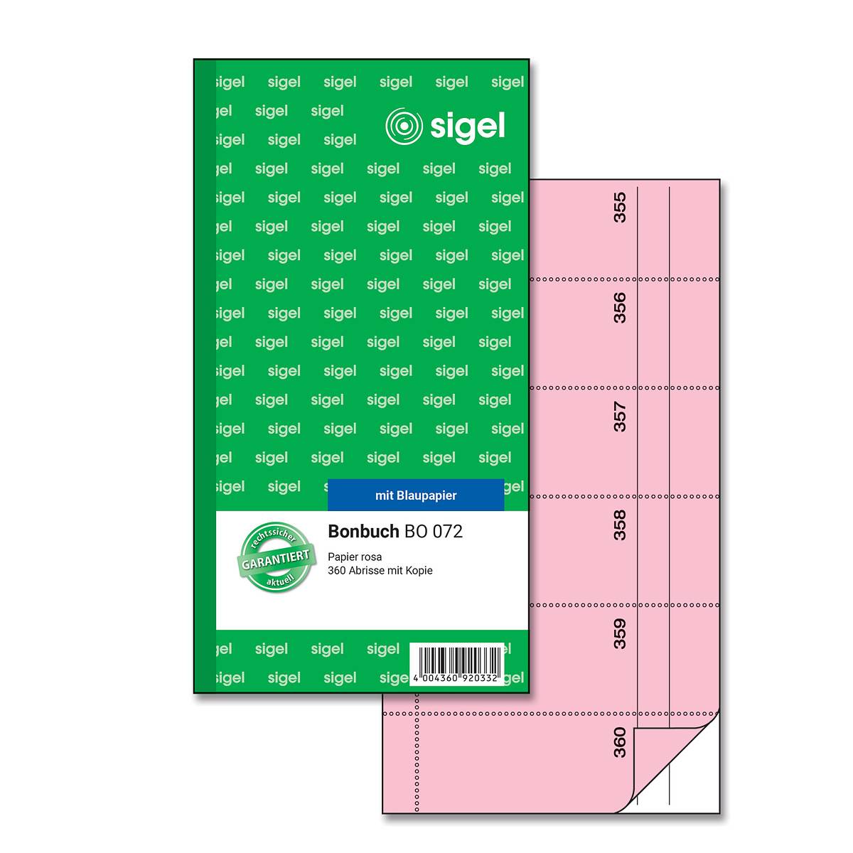 SIGEL Bonbuch, 360 Abrisse, rosa, 105x200 mm, mit Blaupapier, 2 x 60 Blatt