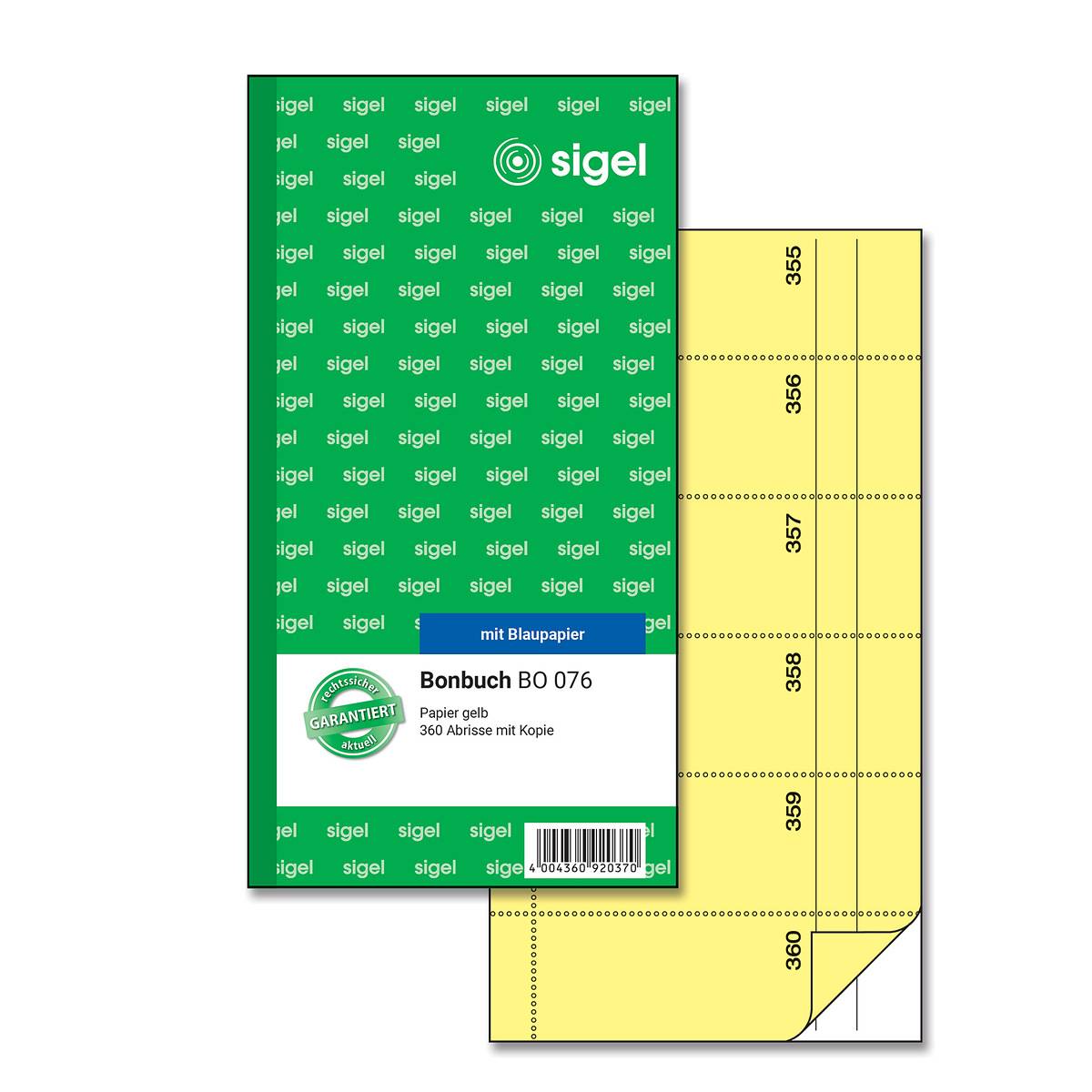 SIGEL Bonbuch, 360 Abrisse, gelb, 105x200 mm, mit Blaupapier, 2 x 60 Blatt