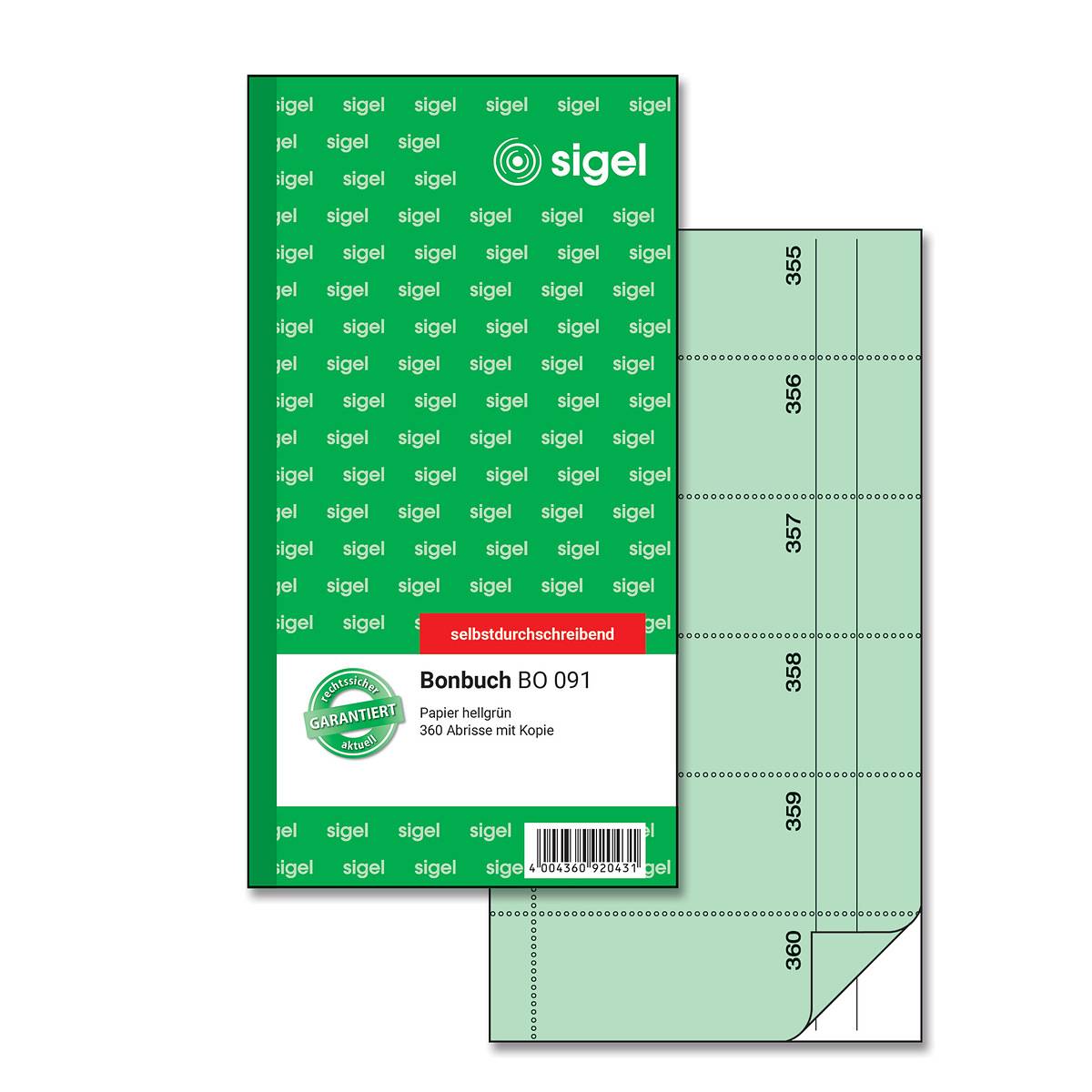 SIGEL Bonbuch, 360 Abrisse, hellgrün, 105x200 mm, selbstdurchschreibend, 2 x 60 Blatt