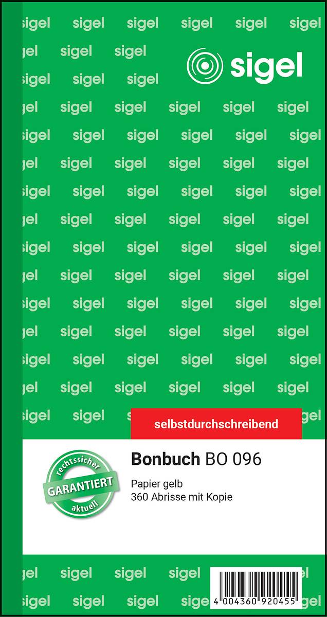 SIGEL Bonbuch, 360 Abrisse, gelb, 105x200 mm, selbstdurchschreibend, 2 x 60 Blatt