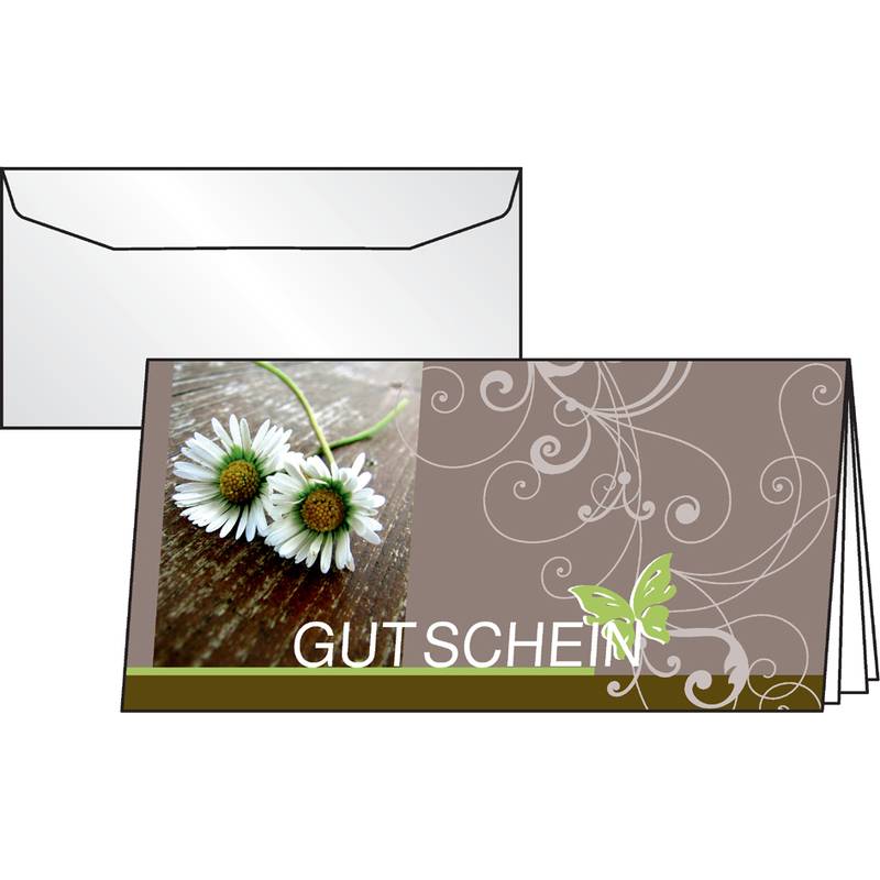 Geschenkgutschein-Karte mit Gänseblümchen und dekorativen Schnörkeln, gezeigt mit passendem einfachem Umschlag dahinter.