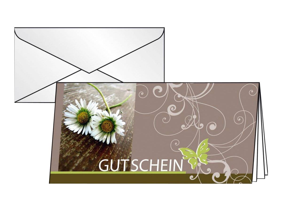 Geschenkgutschein-Karte mit weißen Gänseblümchen und dekorativen Schnörkeln, teilweise in einem offenen Umschlag gezeigt.