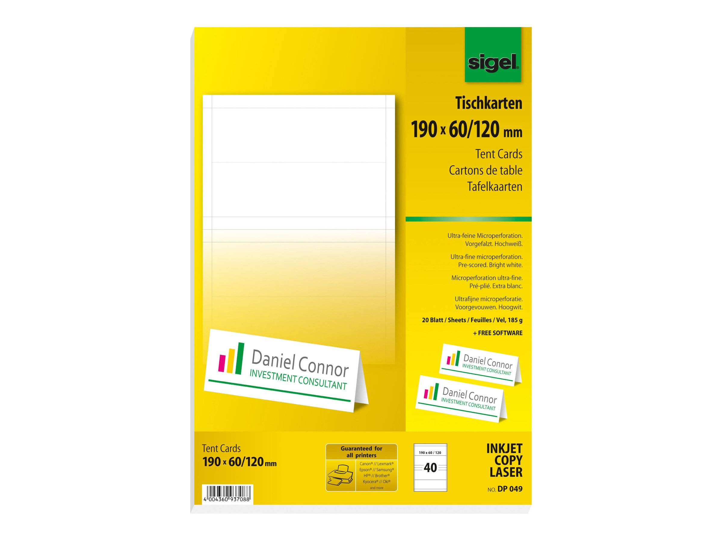 Sigel DP049 - Hochweiß - 190 x 60 mm - 185 g/m² - 40 Stck. (20 Bogen x 2)