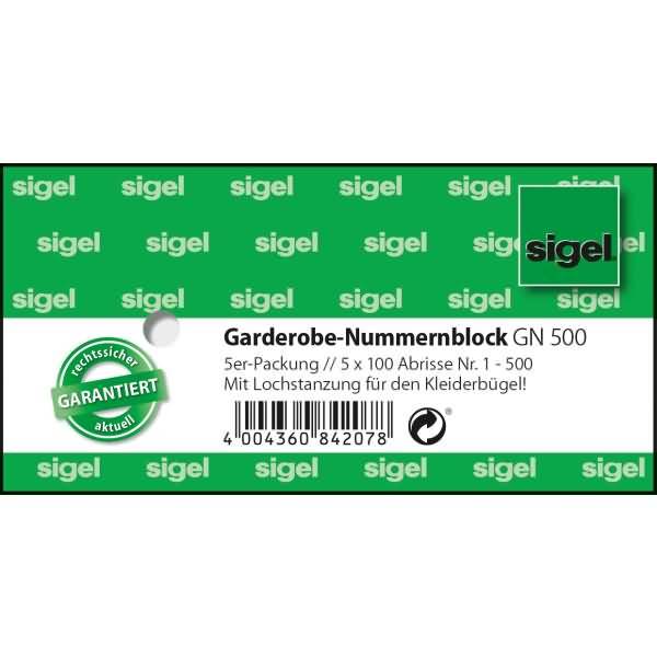 Garderobe-Nummernblock 105x50mm 1-500 VE=5 Block a 100 Blatt farbig sortiert