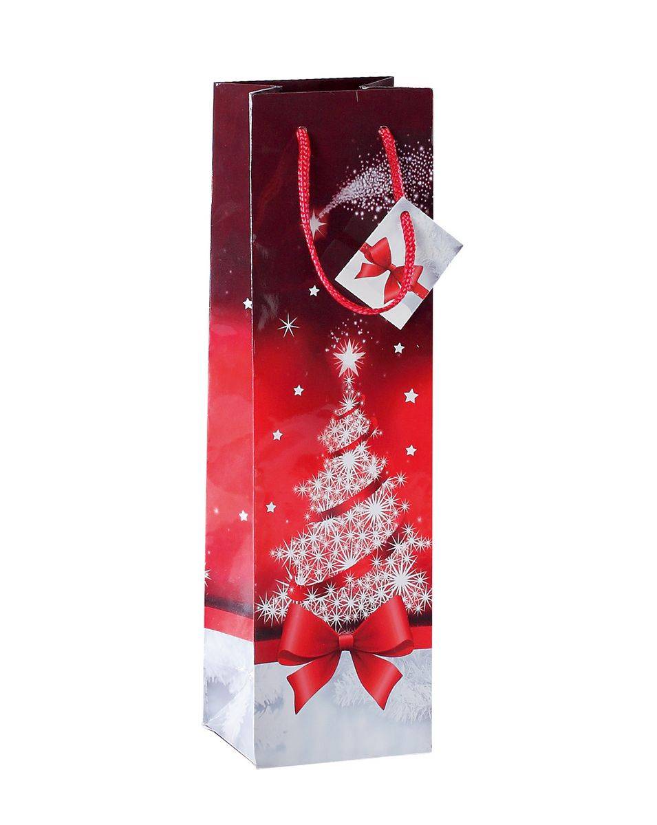 SIGEL Geschenktasche Flasche, Sparkling Tree, 10 x 35 cm, mit Glanzlackierung und Geschenkanhänger, 1 Tasche