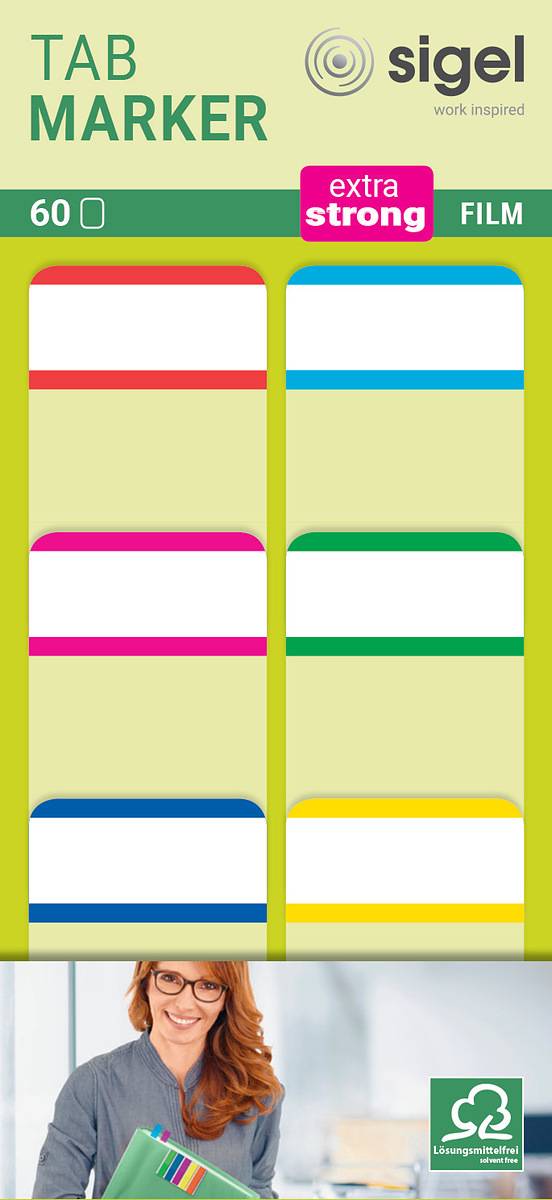 SIGEL Tab Marker, extra starke Haftmarker, Folie, rot, magenta, blau, cyan, grün, gelb, 38x25 mm, 60 Tabs