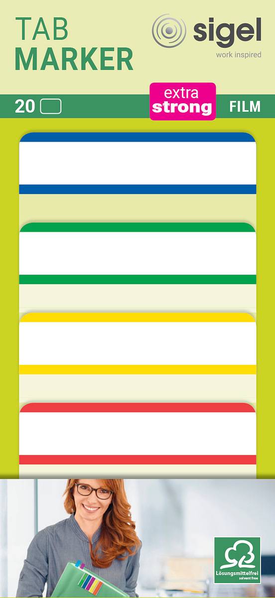 SIGEL Tab Marker, extra starke Haftmarker, Folie, blau, grün, gelb, rot, 50x38 mm, 20 Tabs