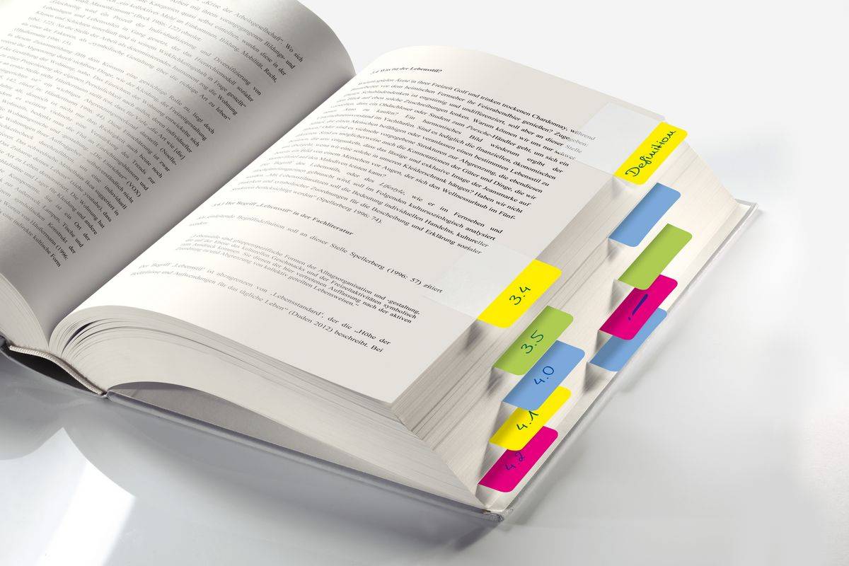 SIGEL Tab Marker, extra starke Haftmarker, Folie, lemon, pink, blau, gelb, 50x38 mm, 20 Tabs