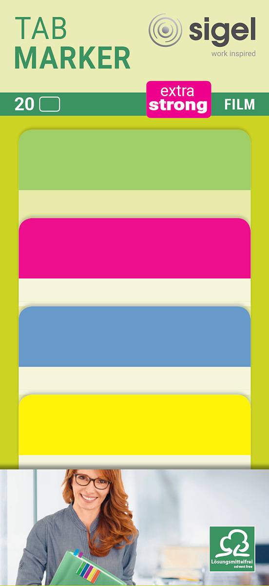 SIGEL Tab Marker, extra starke Haftmarker, Folie, lemon, pink, blau, gelb, 50x38 mm, 20 Tabs