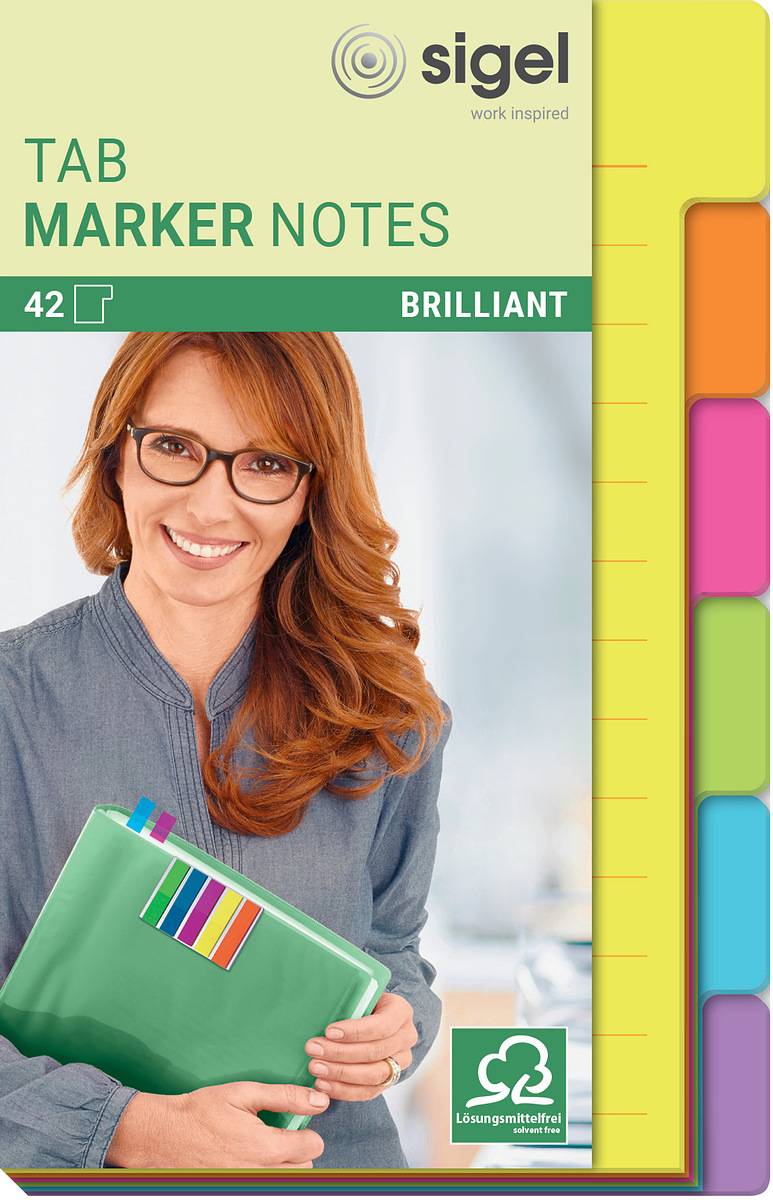 SIGEL Tab Marker Notes, Papier mit großem Notizfeld, 6 Farben, gelb, orange, pink, grün, blau, violett, 98x148 mm, 42 BL