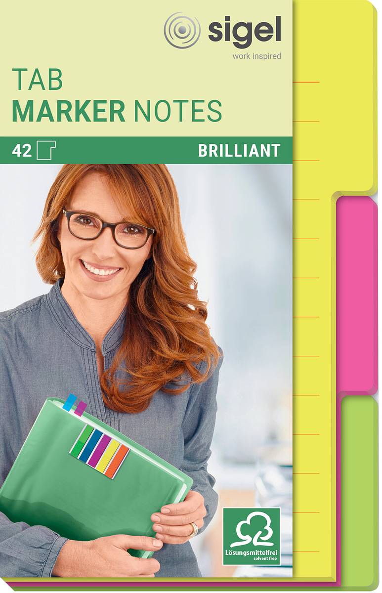 SIGEL Tab Marker Notes, Papier, mit großem Notizfeld, 3 Farben, gelb, pink, grün, 98x148 mm, 42 BL