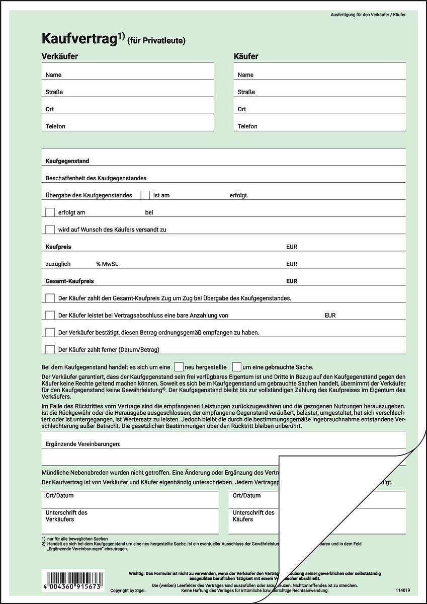 SIGEL Kaufvertrag (allgemein), A4, selbstdurchschreibend, 2 fach