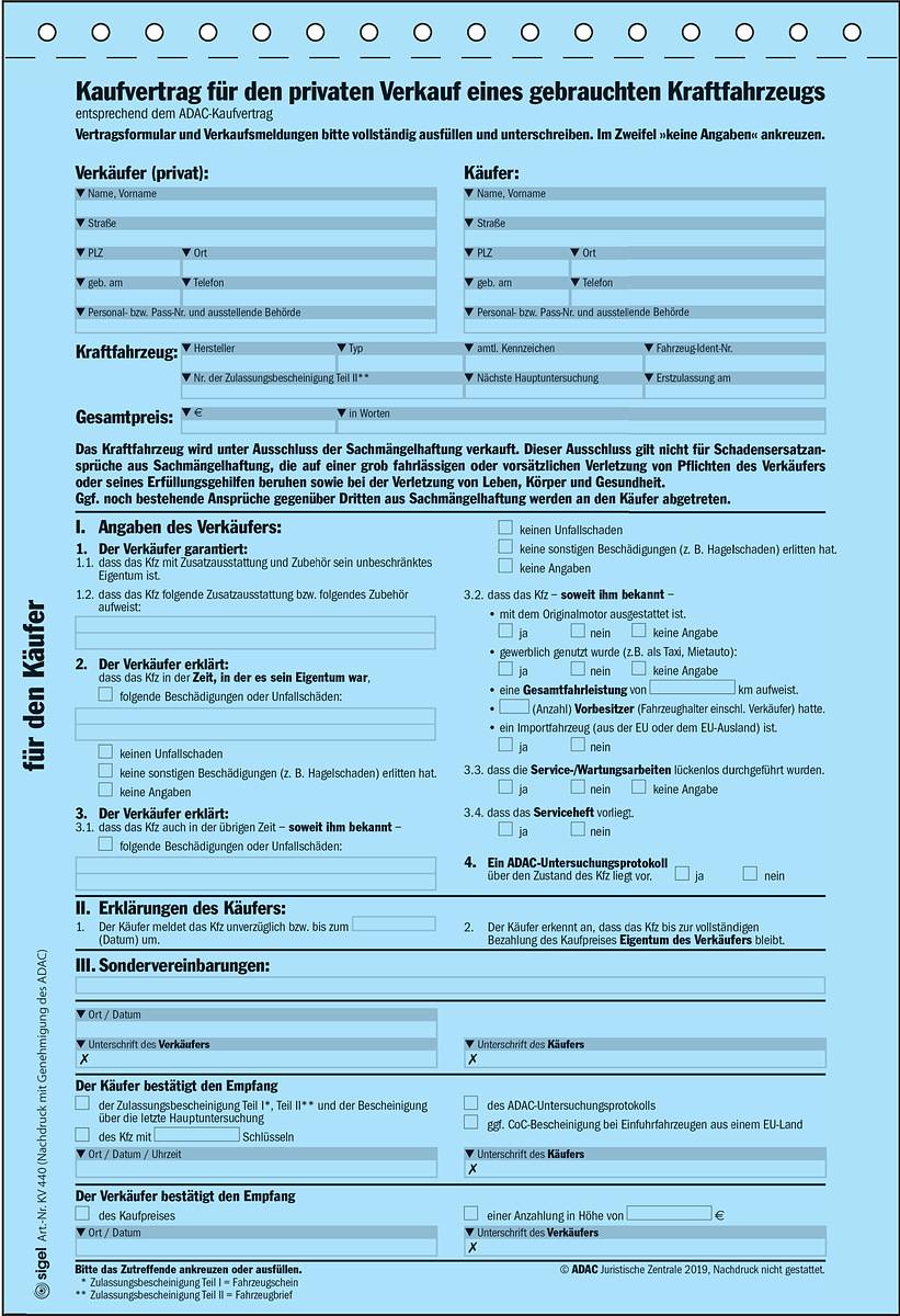 SIGEL Kaufvertrag für gebrauchtes Kfz, offizieller ADAC-Vordruck, A4, selbstdurchschreibend, 4 Blatt