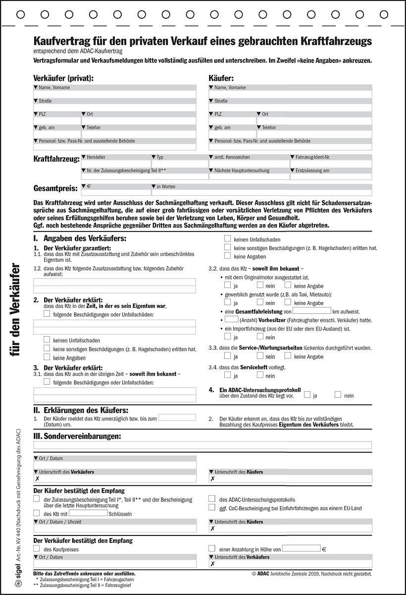 SIGEL Kaufvertrag für gebrauchtes Kfz, offizieller ADAC-Vordruck, A4, selbstdurchschreibend, 4 Blatt