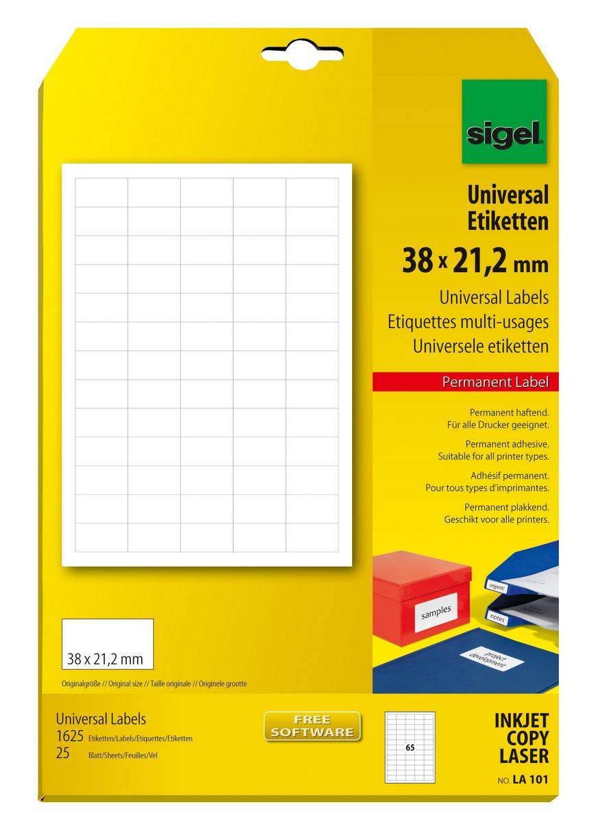 SIGEL Universal-Etiketten, 38 x 21,2 mm, weiß, 1625 Etiketten