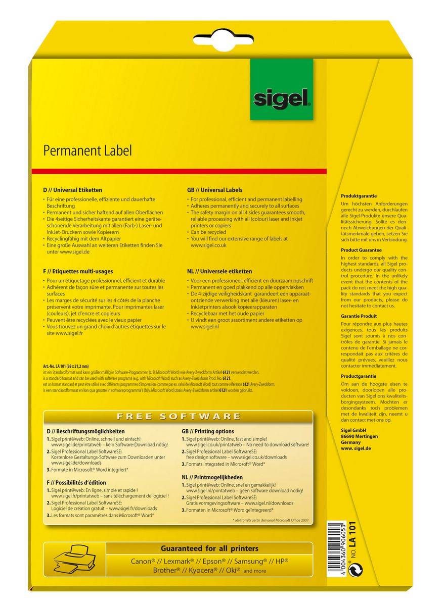 SIGEL Universal-Etiketten, 38 x 21,2 mm, weiß, 1625 Etiketten
