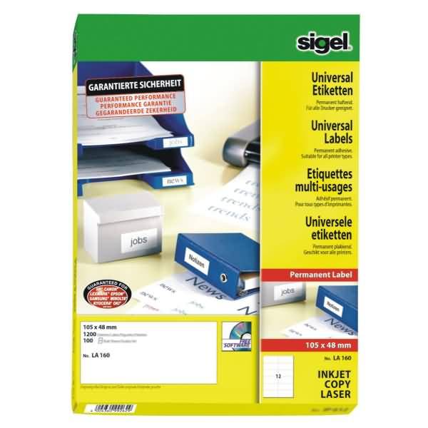 Etiketten Inkjet/Laser Kopier 105x48mm VE=1200 Stück (100 Blatt) weiß