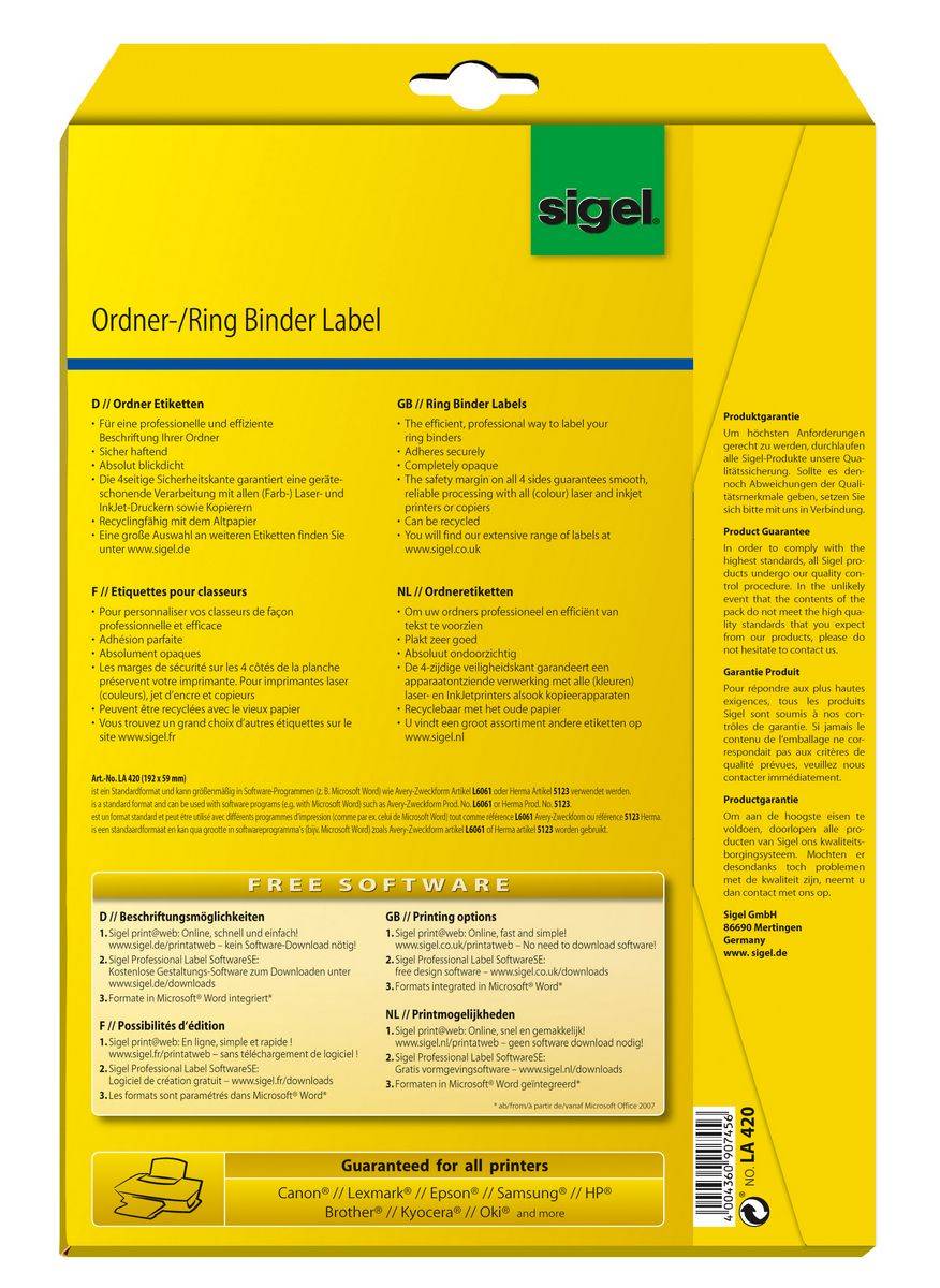 SIGEL Ordner-Etiketten, für breite Ordner, kurz, z.B. Elba, Esselte, Herlitz, 192 x 59 mm, weiß, blickdicht, 100 Etiketten