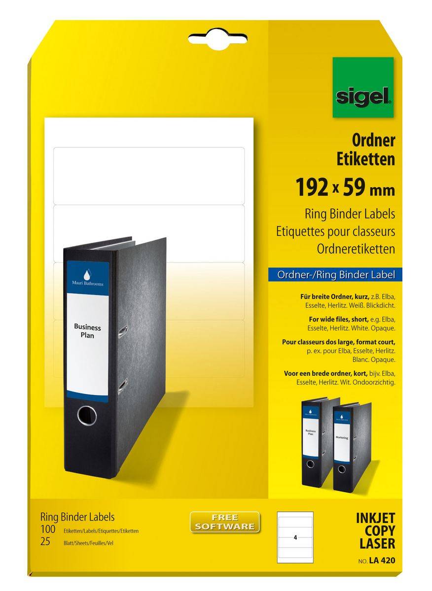 SIGEL Ordner-Etiketten, für breite Ordner, kurz, z.B. Elba, Esselte, Herlitz, 192 x 59 mm, weiß, blickdicht, 100 Etiketten