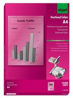 Magenta-Packung von "Sigel"" Overhead-Folien DIN A4 mit einem Beispiel-Balkendiagramm zum Thema ""Warenverkehr"" auf der Vorderseite.