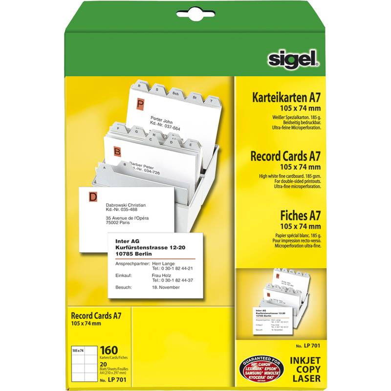 sigel PC-Karteikarten, A7 (A4), weiß, 185 g/qm, MP