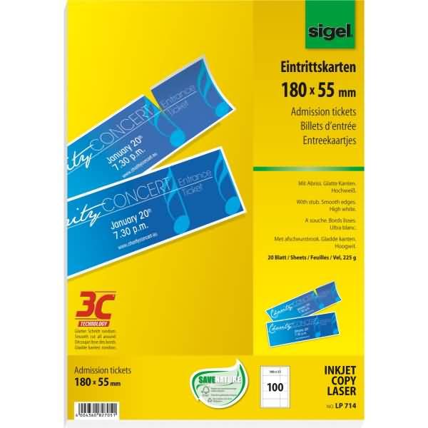 Eintrittskarten mit Abriss 180x55mm (A4) 225g/qm hochweiß VE=100 Stück