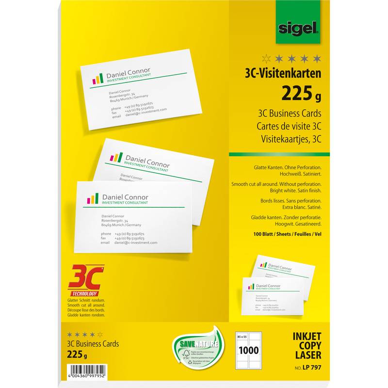 sigel Visitenkarten 3C, 85 x 55 mm, 225 g/qm, hochweiß