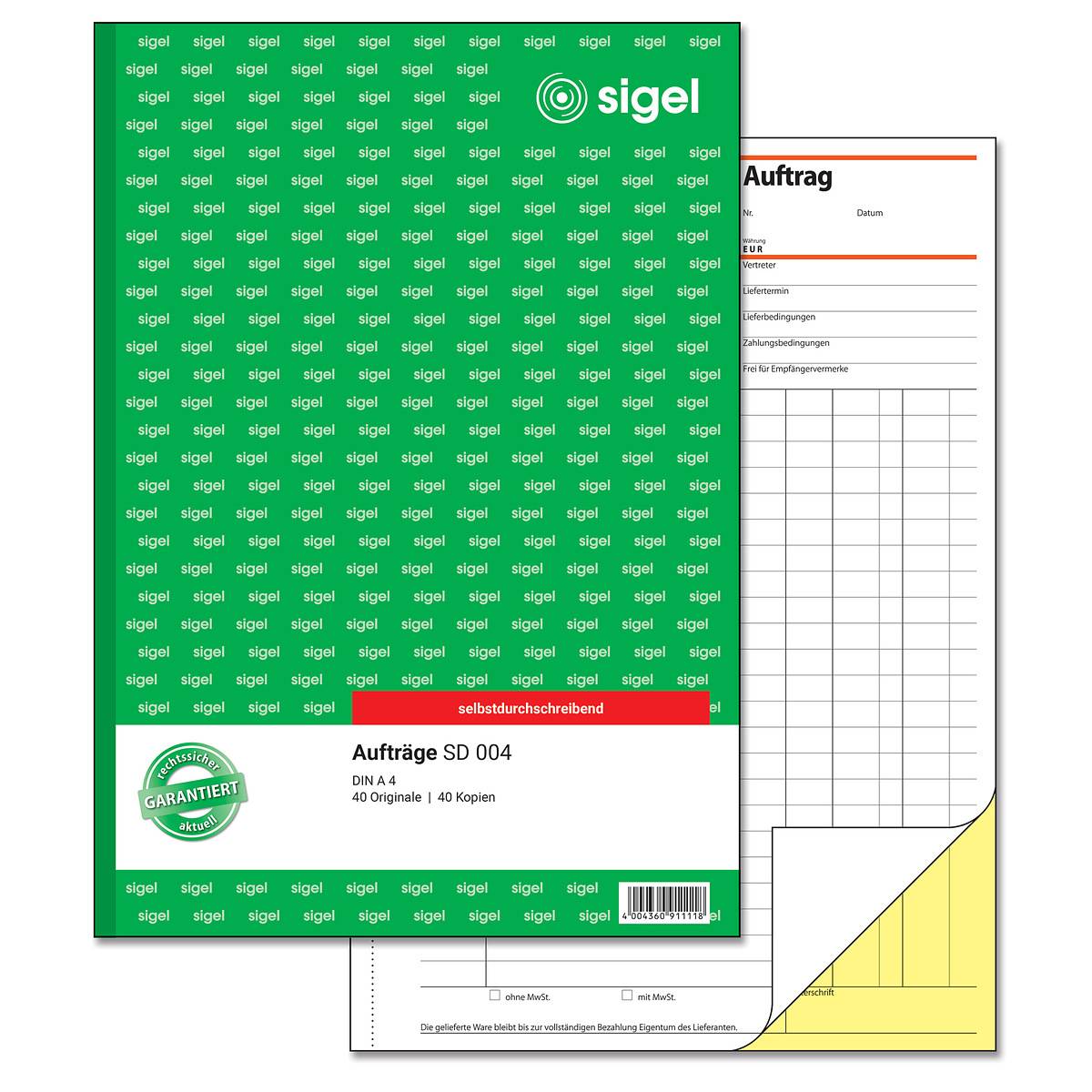 SIGEL Aufträge, 1. und 2. Blatt bedruckt, A4, selbstdurchschreibend, 2 x 40 Blatt