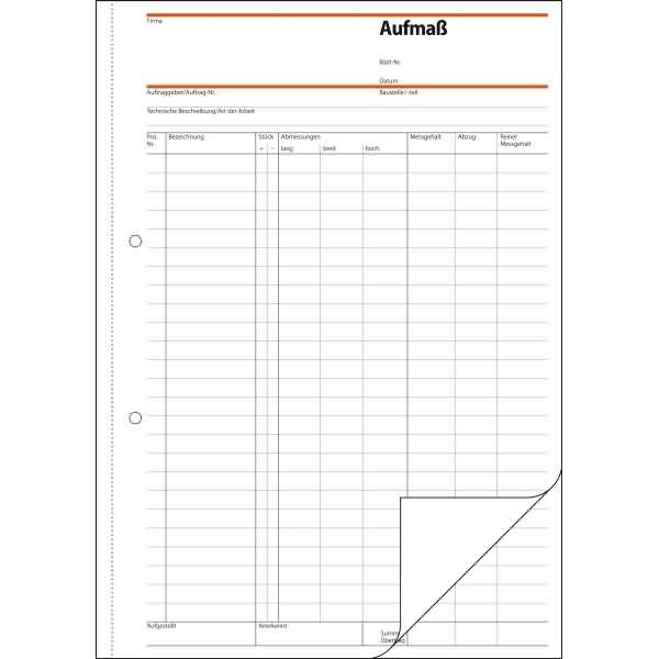 Formularbuch Aufmaßbuch A4 50 Blatt beliebig viele Kopien
