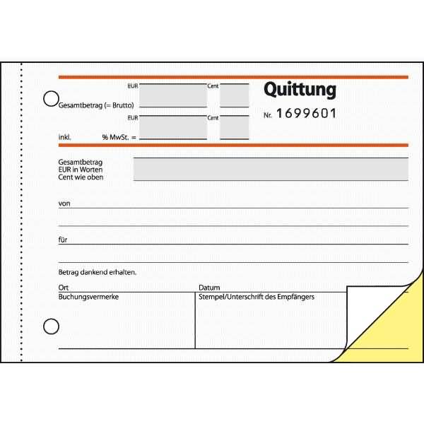Formularbuch Quittung A6 selbstdurchschreibend m. MwSt. 2x50 Blatt