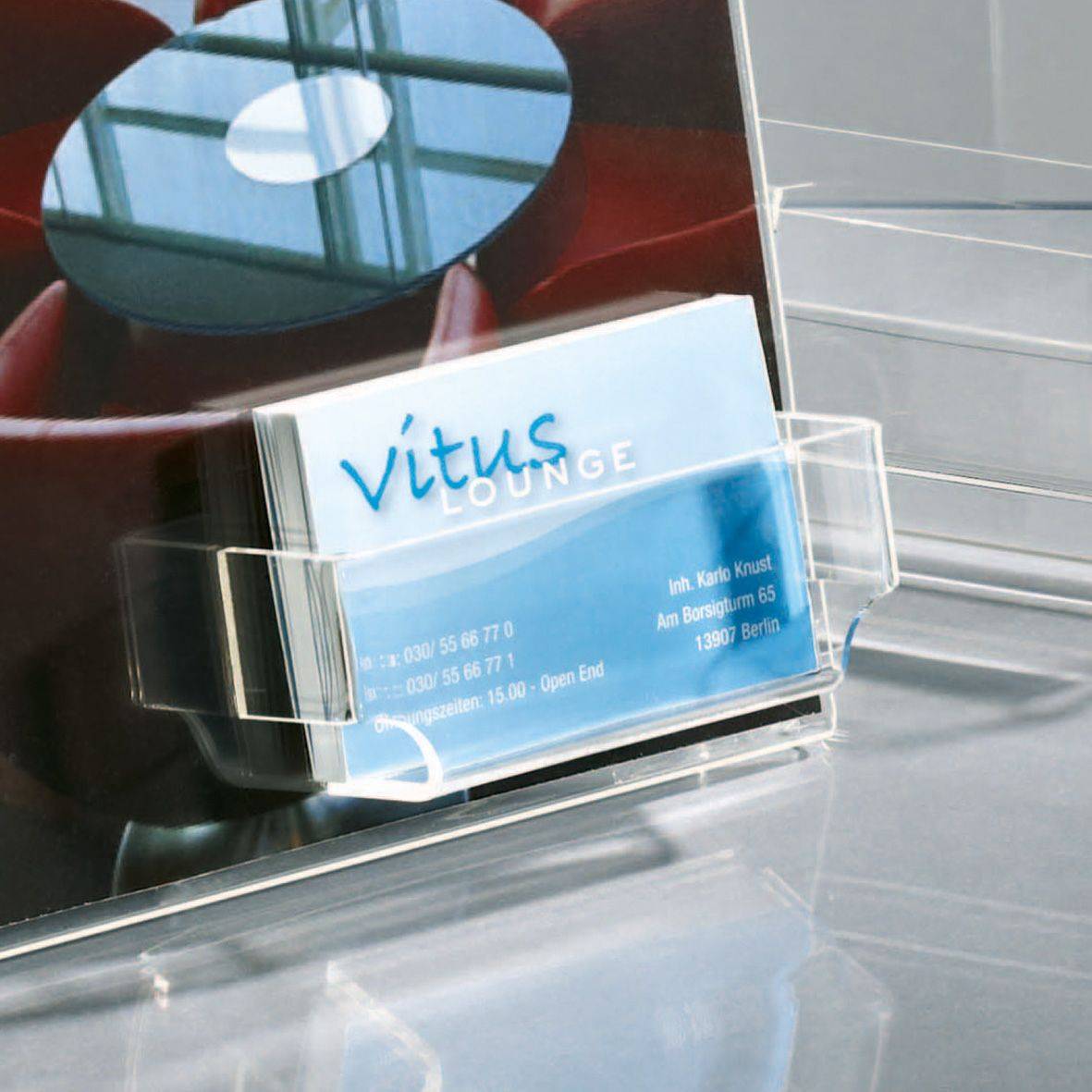 SIGEL Tischaufsteller, schräg, glasklar, mit praktischem Zusatzfach für Visitenkarten, für A4